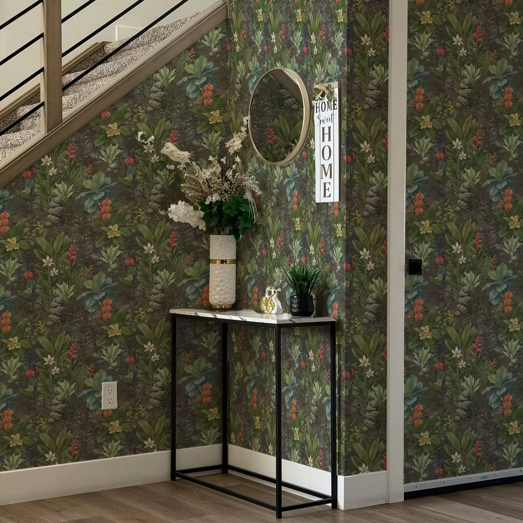 fototapeter Mørk tropisk hage med lyse blomster og løvverk a01079