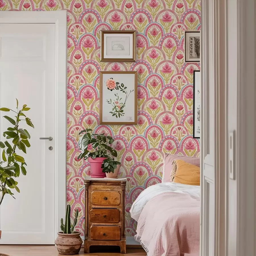 fototapeter Buer med rosa blomster i folkemotiv a01080