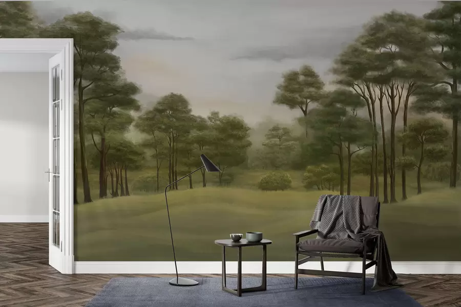 fototapeter Fredfullt skoglandskap i milde farger w02193