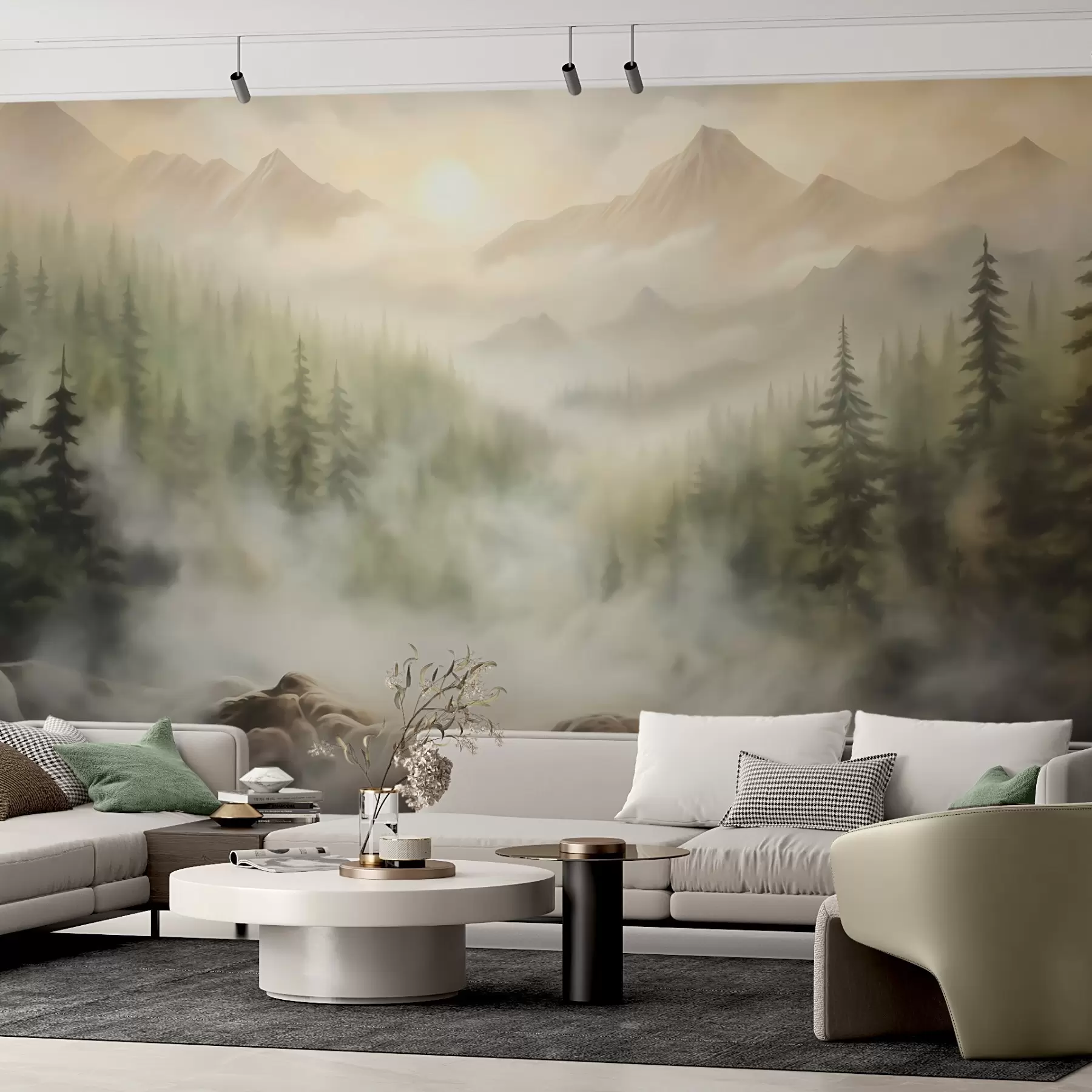 fototapeter Skog i tåken med fjellene i bakgrunnen w04730