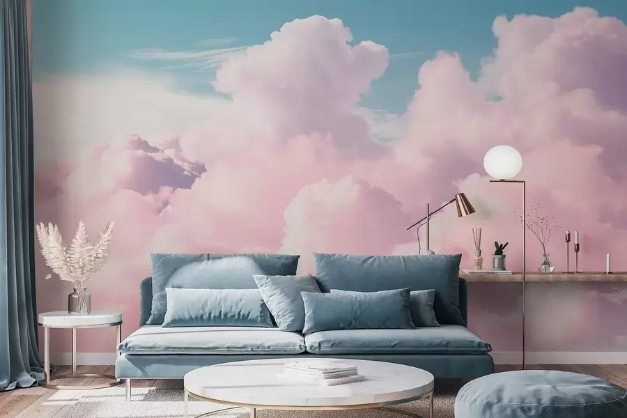 fototapeter Myke, luftige rosa skyer på en blå himmel w09569