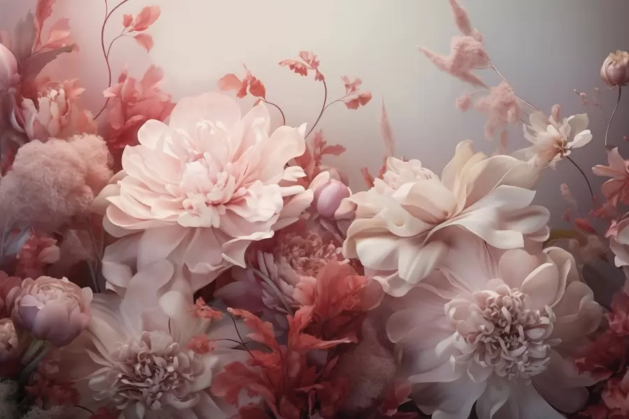 fototapeter Volumetriske pulverrosa pioner i en blomsterkomposisjon w09571