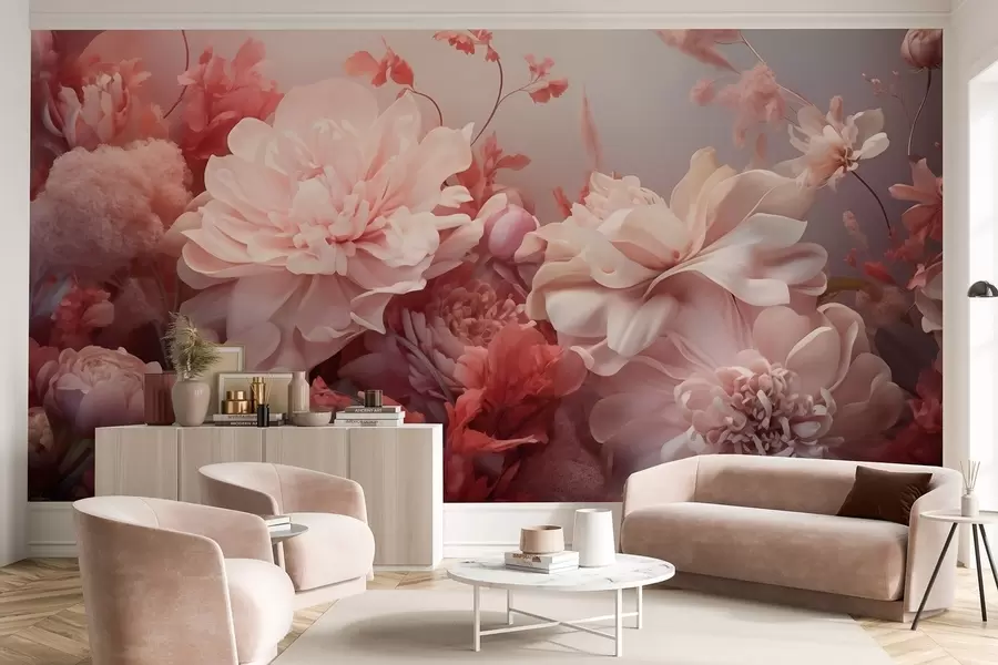 fototapeter Volumetriske pulverrosa pioner i en blomsterkomposisjon w09571