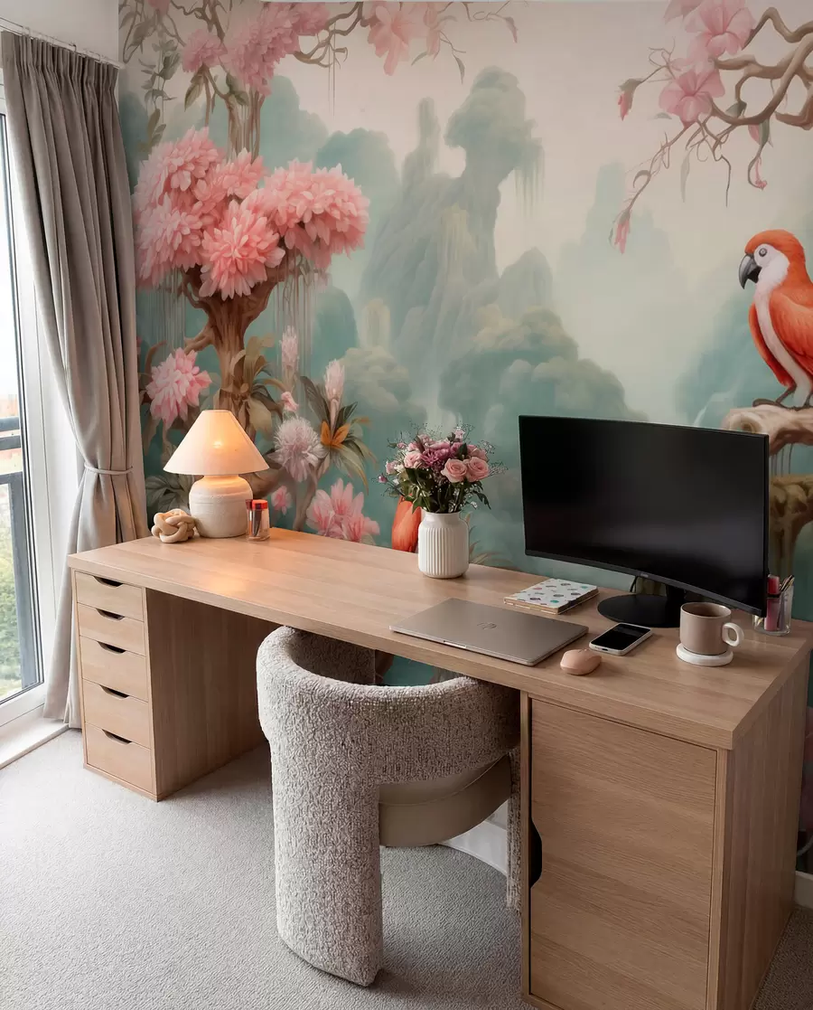 fototapeter En eventyrlig tropisk skog med papegøyer, blomstrende trær med rosa blomster og en foss w09580