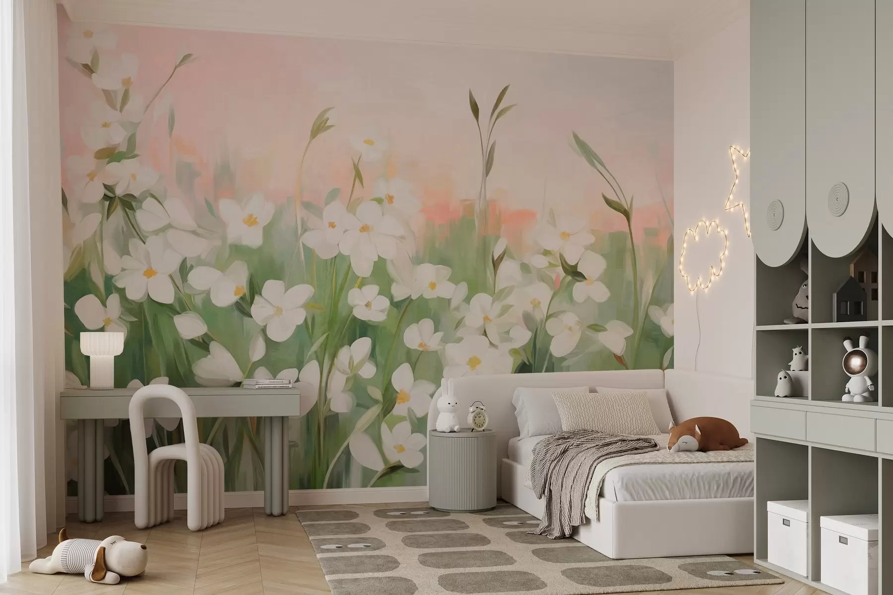 fototapeter Abstrakt felt med villblomster med grønne stilker og blader, mot en myk rosa og hvit strukturert himmel w09297