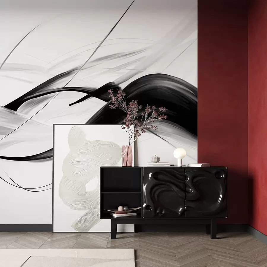 fototapeter Abstrakte svart-hvite penselstrøk med tynne linjer som skaper et moderne design mot lys bakgrunn w09605