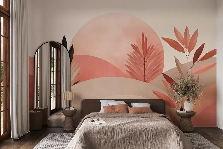 fototapeter Abstrakt boho-landskap, sol bak bølgende åser, planter i forgrunnen, minimalistisk, strukturert, dempede farger w09608