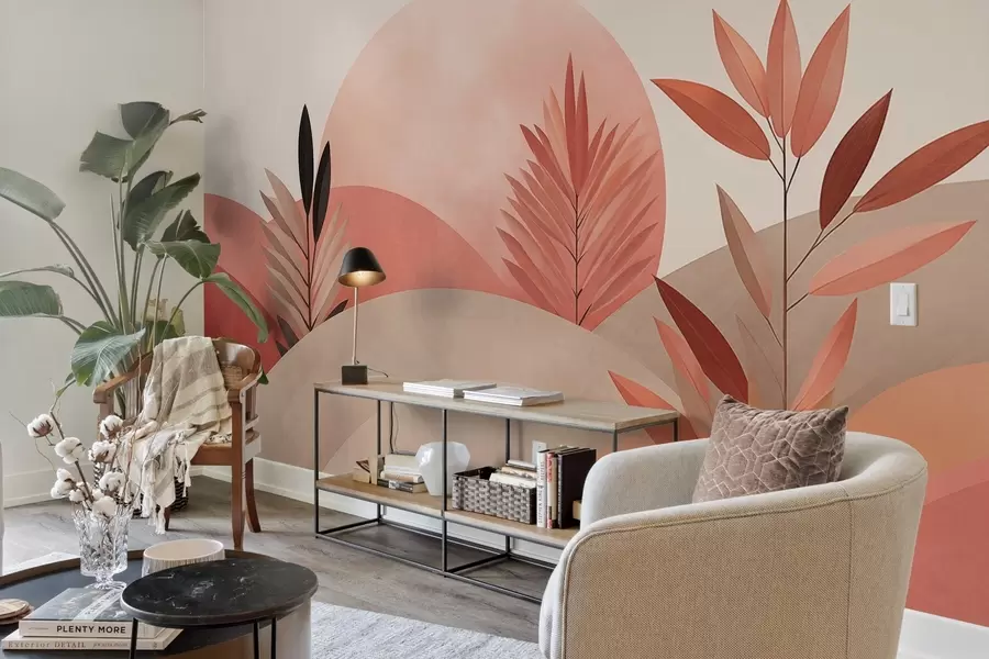 fototapeter Abstrakt boho-landskap, sol bak bølgende åser, planter i forgrunnen, minimalistisk, strukturert, dempede farger w09608