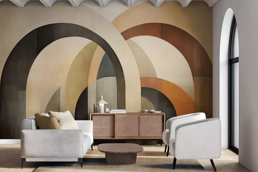 fototapeter Abstrakte, strukturerte geometriske buer i jordfarger som beige, brunt og grått, et lagdelt, moderne arkitektonisk design. w09611