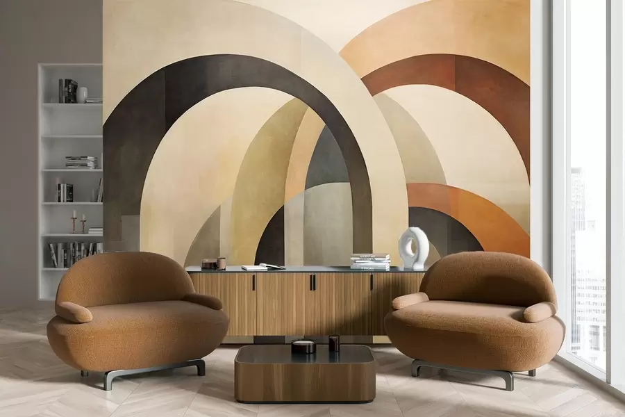 fototapeter Abstrakte, strukturerte geometriske buer i jordfarger som beige, brunt og grått, et lagdelt, moderne arkitektonisk design. w09611