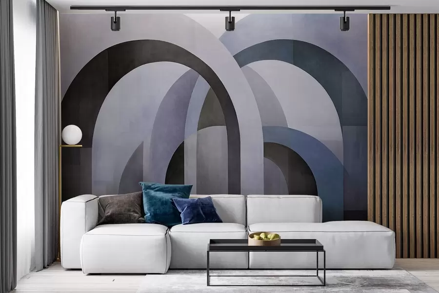 fototapeter Abstrakte, strukturerte geometriske buer i blå, svarte og grå toner, et lagdelt, moderne arkitektonisk design w09611v1
