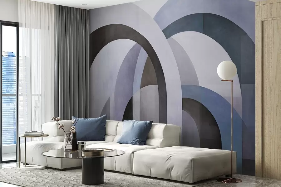 fototapeter Abstrakte, strukturerte geometriske buer i blå, svarte og grå toner, et lagdelt, moderne arkitektonisk design w09611v1