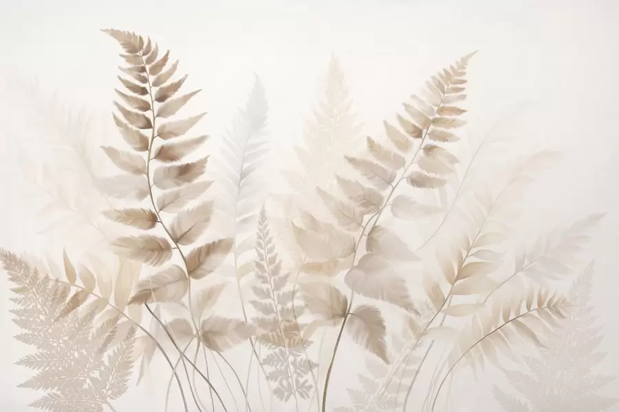 fototapeter Teksturerte tørkede bregneblader i ulike brune nyanser, med en myk, lys bakgrunn i akvarellstil. w09615