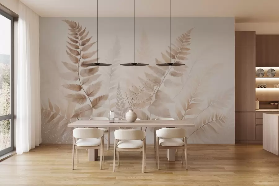 fototapeter Teksturerte tørkede bregneblader i ulike brune nyanser, med en myk, lys bakgrunn i akvarellstil. w09615