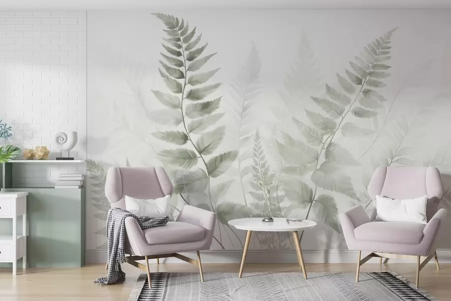 fototapeter Teksturerte tørkede bregneblader i ulike nyanser av grønt, med en myk, lys bakgrunn i akvarellstil. w09615v1