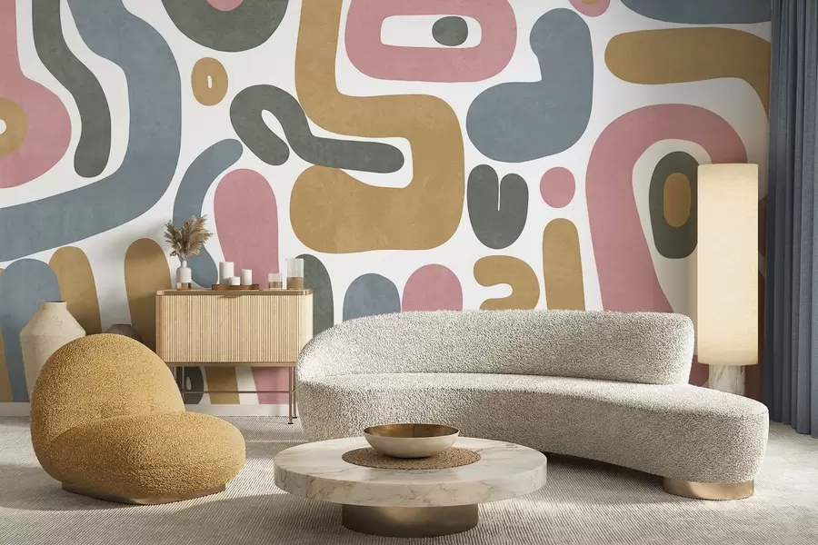 fototapeter Abstrakte teksturerte former i pastellrosa, dempet blått, sennepsgult og grått på hvit bakgrunn moderne kunst w09620