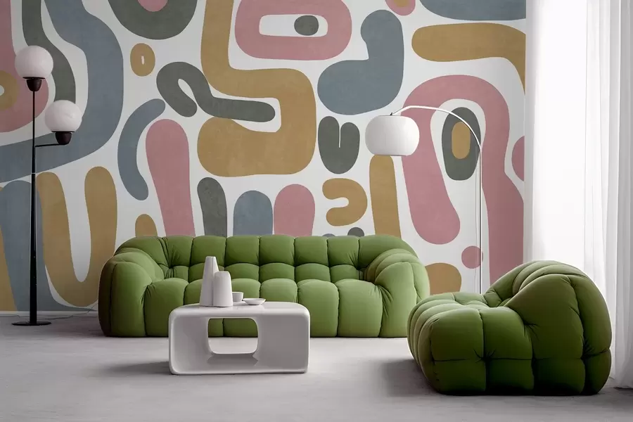 fototapeter Abstrakte teksturerte former i pastellrosa, dempet blått, sennepsgult og grått på hvit bakgrunn moderne kunst w09620