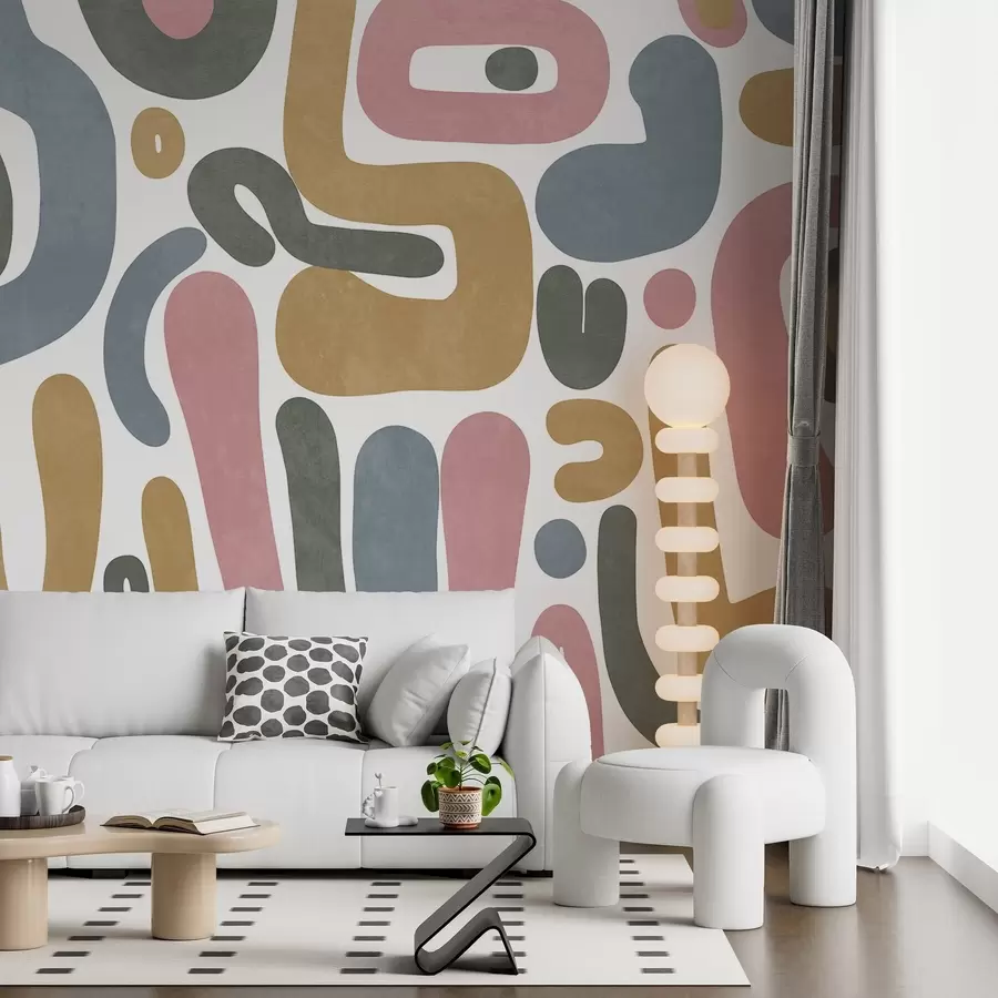 fototapeter Abstrakte teksturerte former i pastellrosa, dempet blått, sennepsgult og grått på hvit bakgrunn moderne kunst w09620