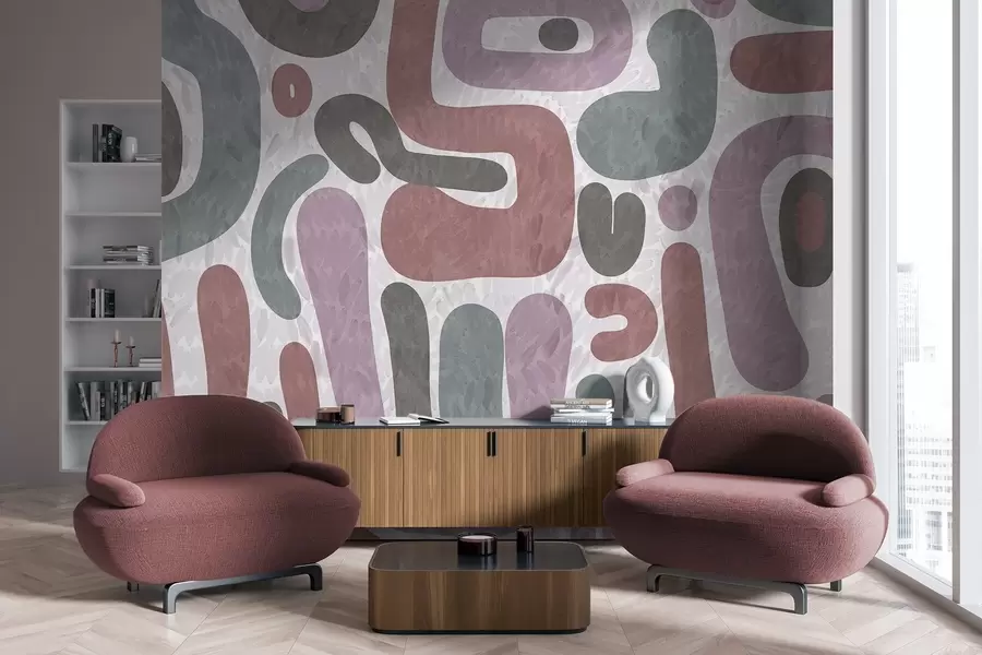 fototapeter Abstrakte teksturerte former i dempede rosa, grønne og grå toner, på en teksturert bakgrunn moderne kunst w09622