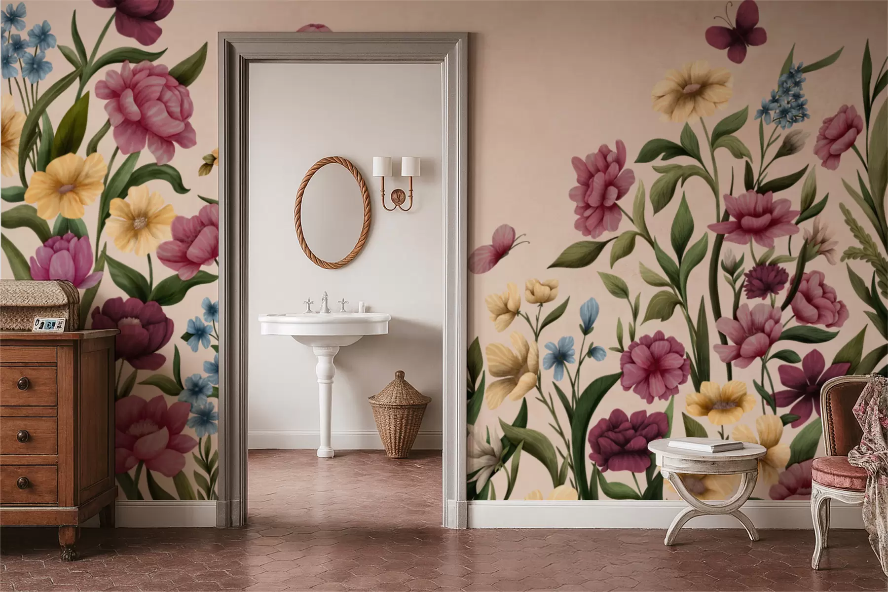 fototapeter Blomsterkomposisjon med planter og sommerfugler på lys bakgrunn w05072