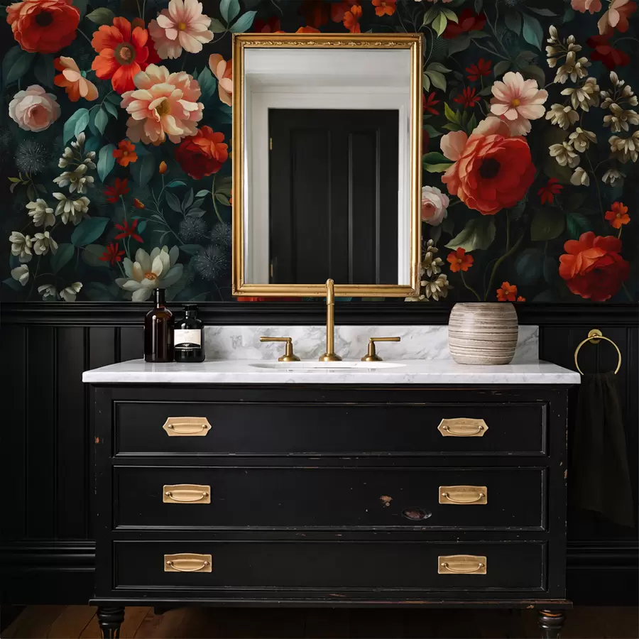 fototapeter Mørkt blomstermønster med frodige hageblomster w05087