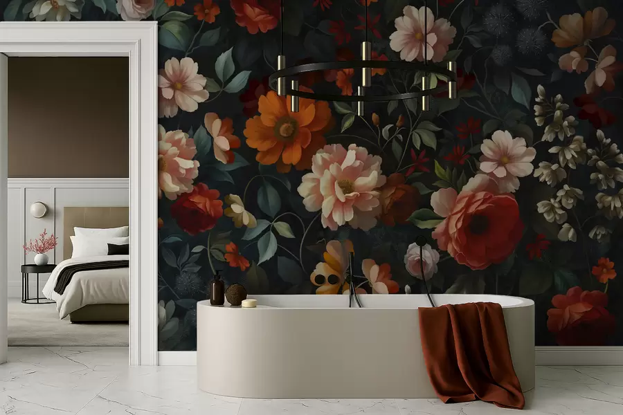 fototapeter Mørkt blomstermønster med frodige hageblomster w05087