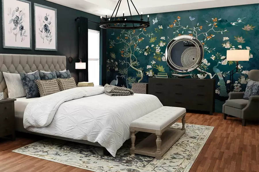 fototapeter Dekorativ scene med trær, blomster og fugler på mørk bakgrunn w05004