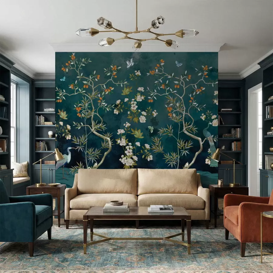 fototapeter Dekorativ scene med trær, blomster og fugler på mørk bakgrunn w05004