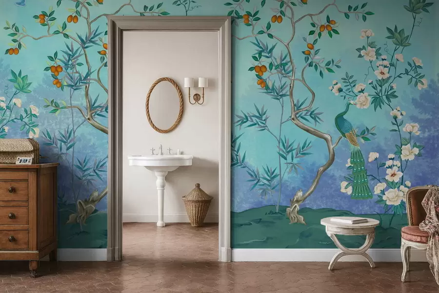 fototapeter Scene med trær, blomster og fugler, blå bakgrunn w05004v2