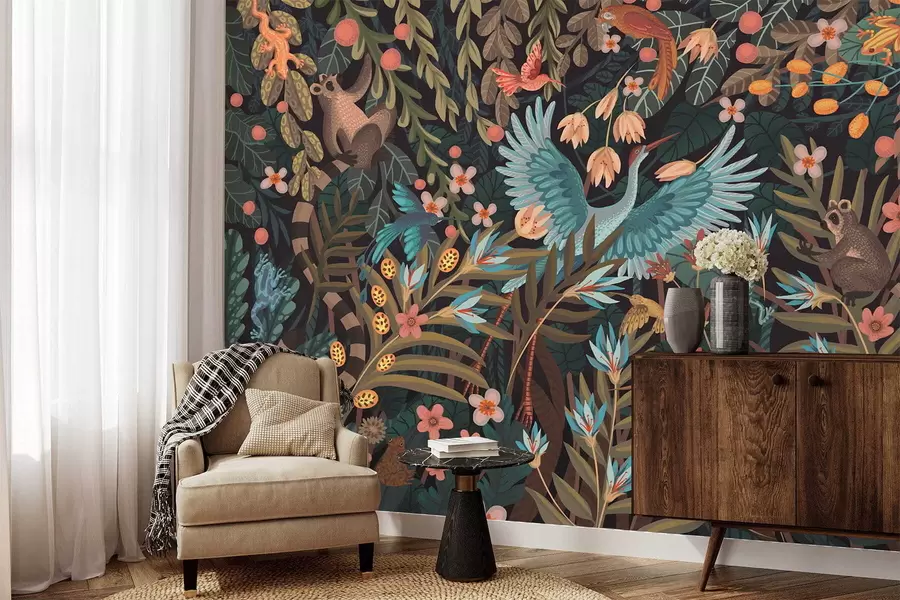 fototapeter Fantasi-scene med fugler og dyr blant planter w05024