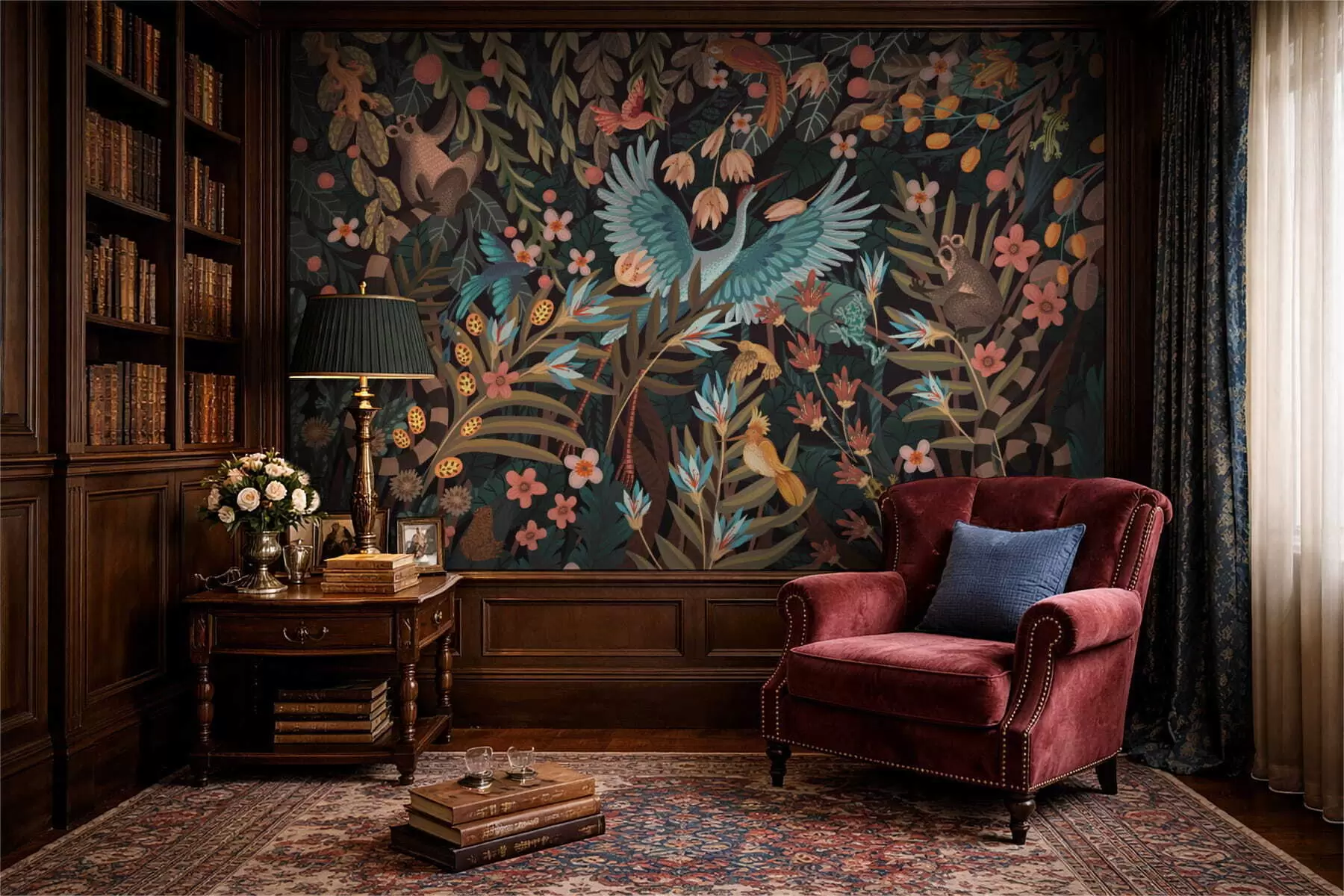 fototapeter Fantasi-scene med fugler og dyr blant planter w05024