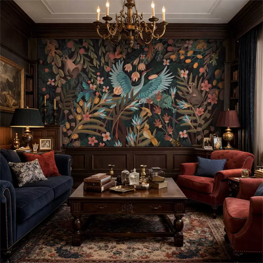 fototapeter Fantasi-scene med fugler og dyr blant planter w05024