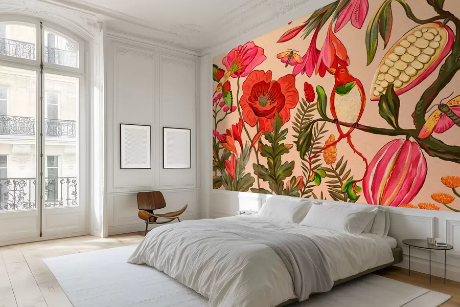 fototapeter Dekorative blomster og fugler på beige bakgrunn w05036