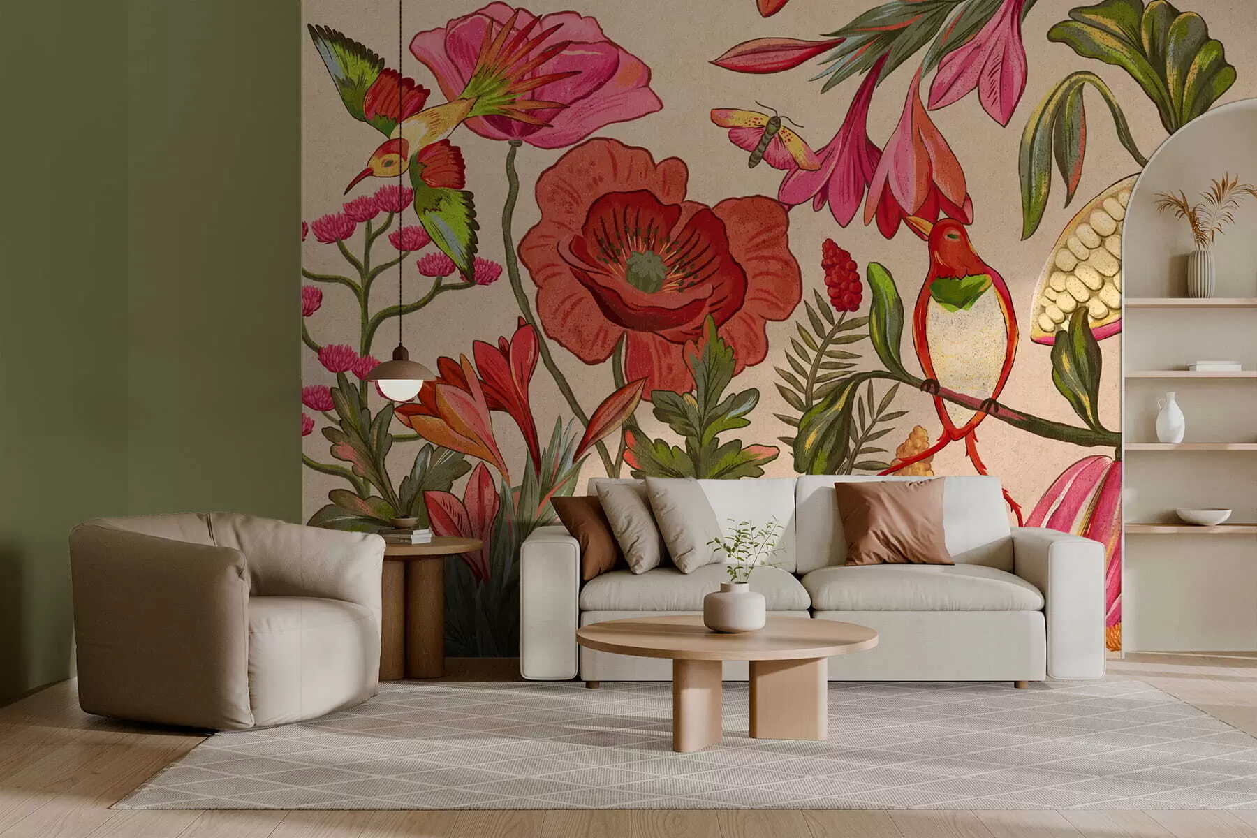 fototapeter Dekorative blomster og fugler på beige bakgrunn w05036