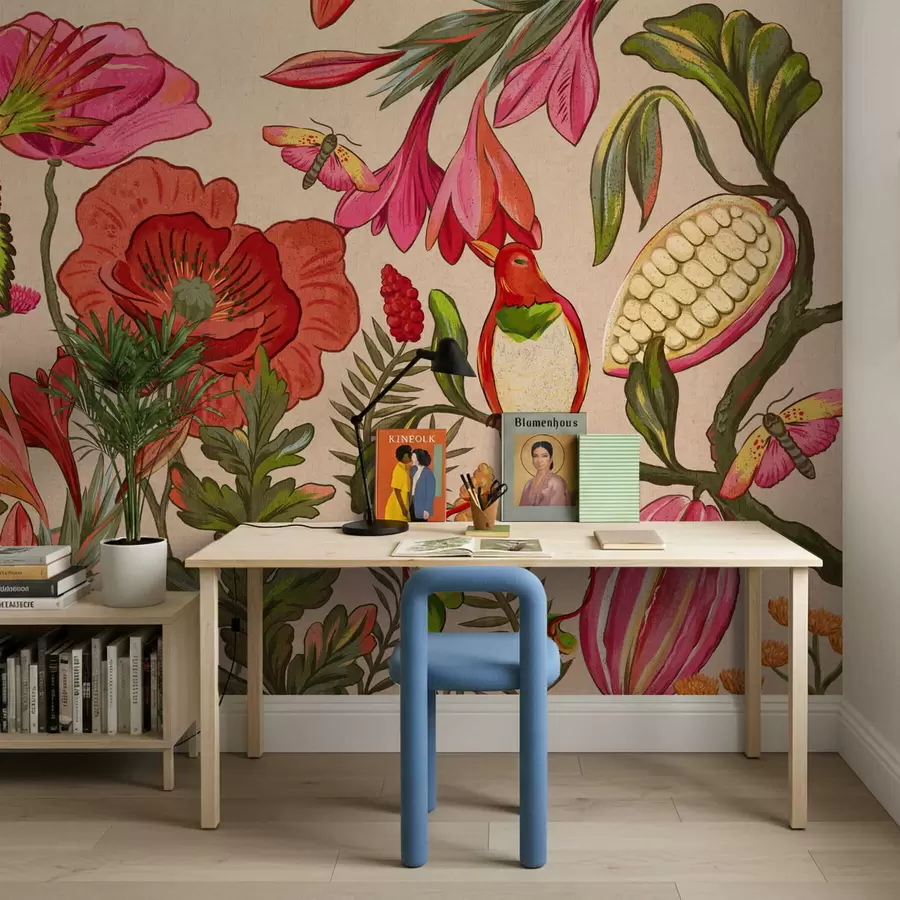 fototapeter Dekorative blomster og fugler på beige bakgrunn w05036