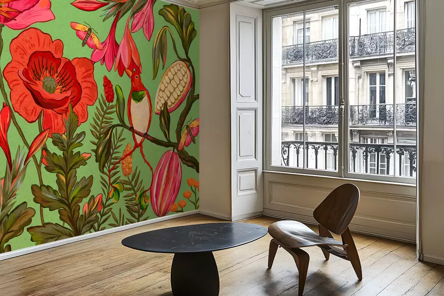 fototapeter Dekorative blomster og fugler på grønn bakgrunn w05036v1