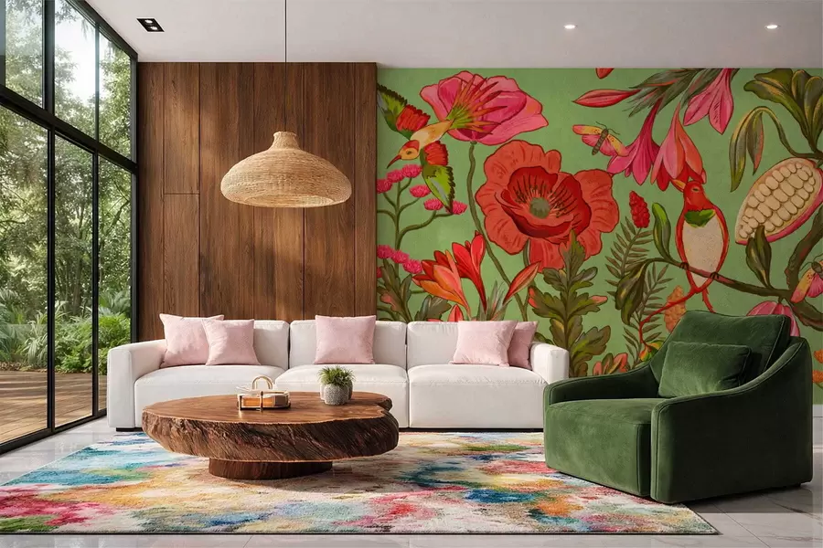 fototapeter Dekorative blomster og fugler på grønn bakgrunn w05036v1