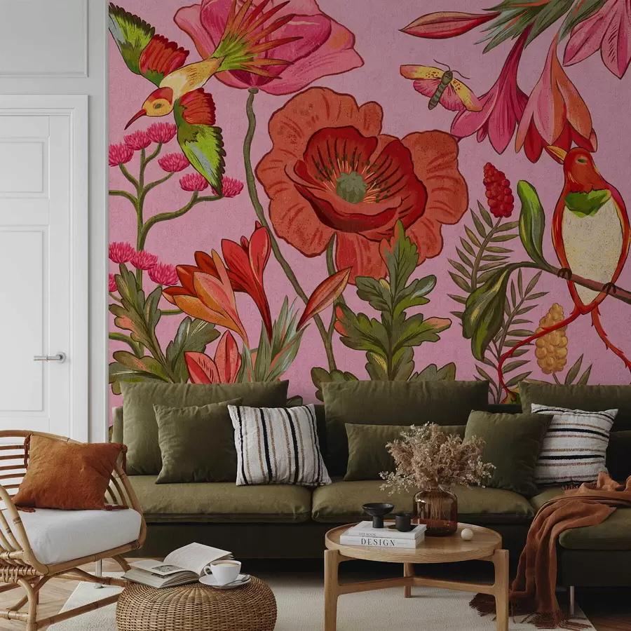 fototapeter Dekorative blomster og fugler på rosa bakgrunn w05036v2