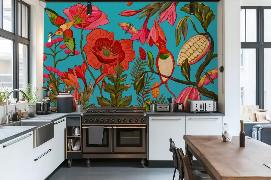 fototapeter Dekorative blomster og fugler på blå bakgrunn w05036v3