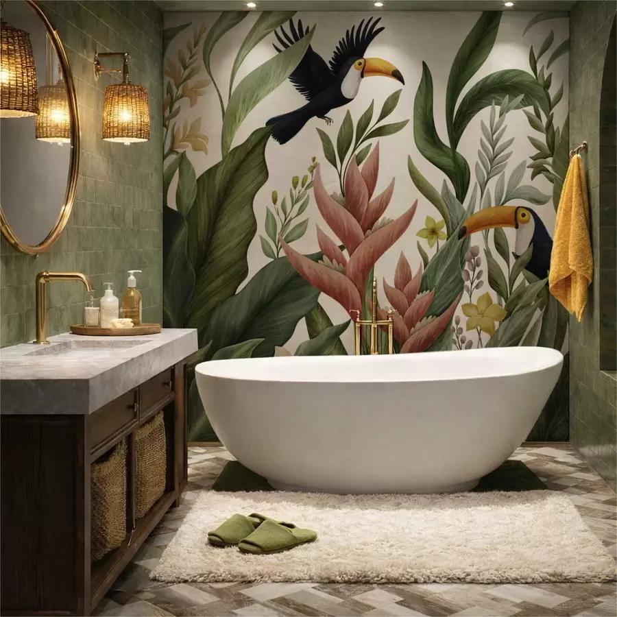 fototapeter Tropiske planter og fugler med store nebb på lys bakgrunn w05088v1