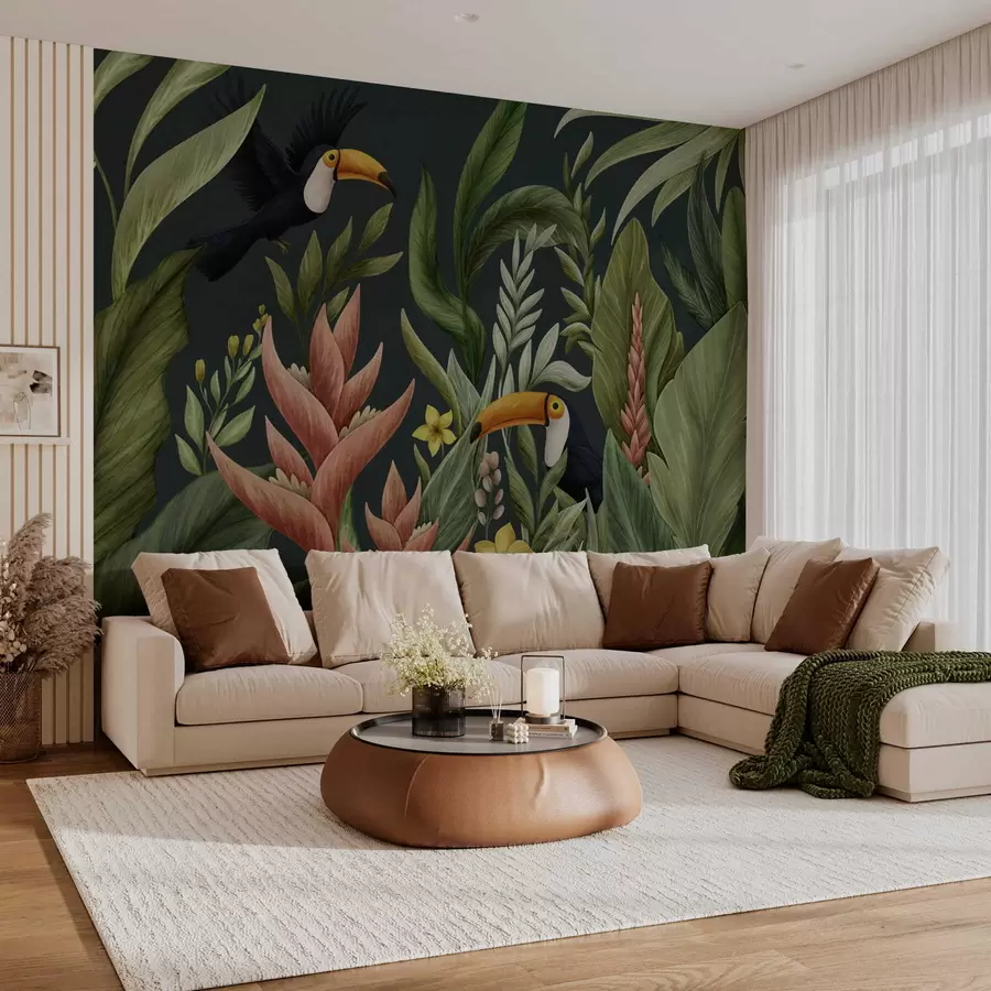 fototapeter Tropiske planter og fugler med store nebb på mørk bakgrunn w05088v2