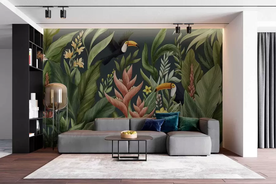 fototapeter Tropiske planter og fugler med store nebb på mørk bakgrunn w05088v2
