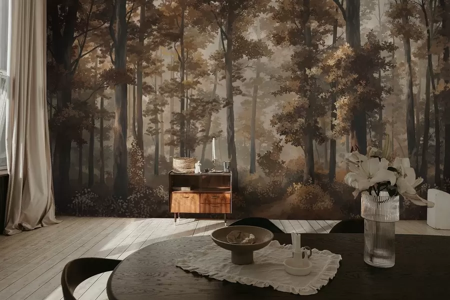 fototapeter Høstlig skogscene med varmt lys og tette trær w05089v1