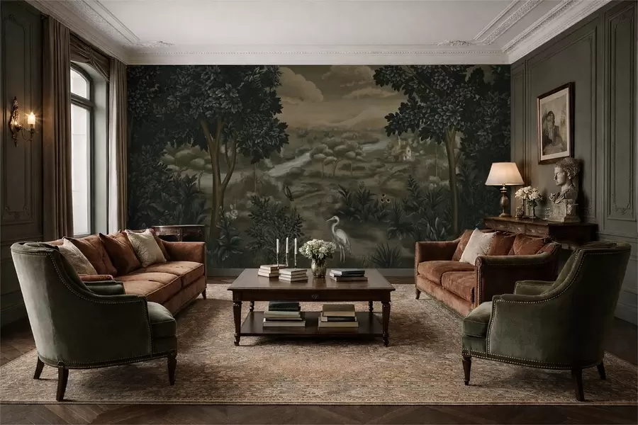 fototapeter Fantasi-landskap med elv, hus og fugler blant trærne w05090