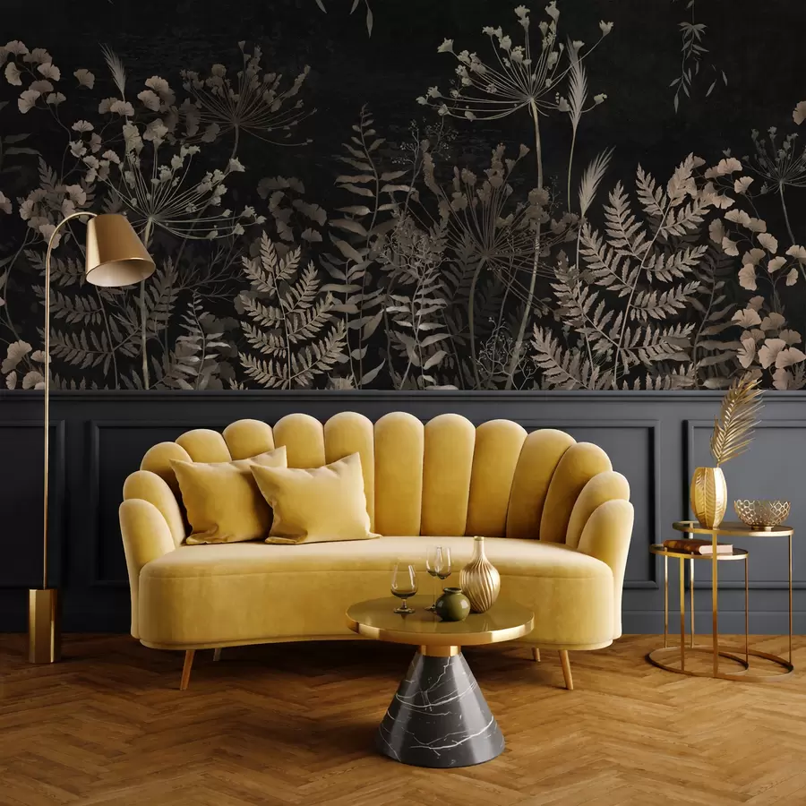 fototapeter Mørkt botanisk mønster med blomster og blader w05092