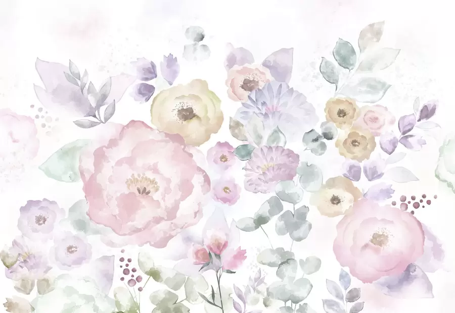 fototapeter Myk akvarellkomposisjon med blomster og blader w05093