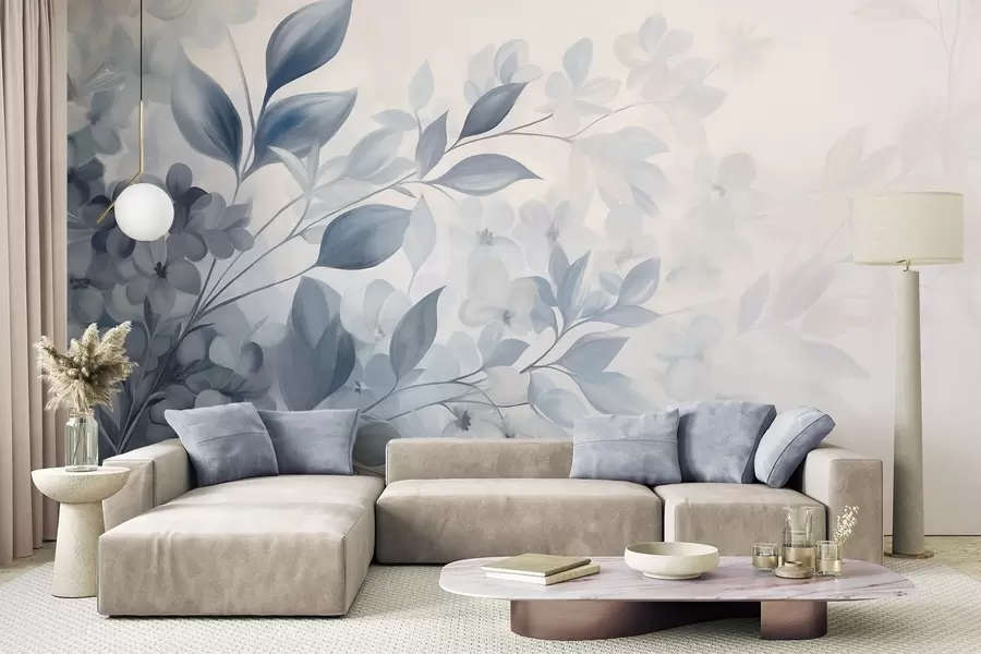 fototapeter Teksturert blå og hvit gren med blomster og blader som toner ut i en lys bakgrunn i akvarellmaleristil w09543