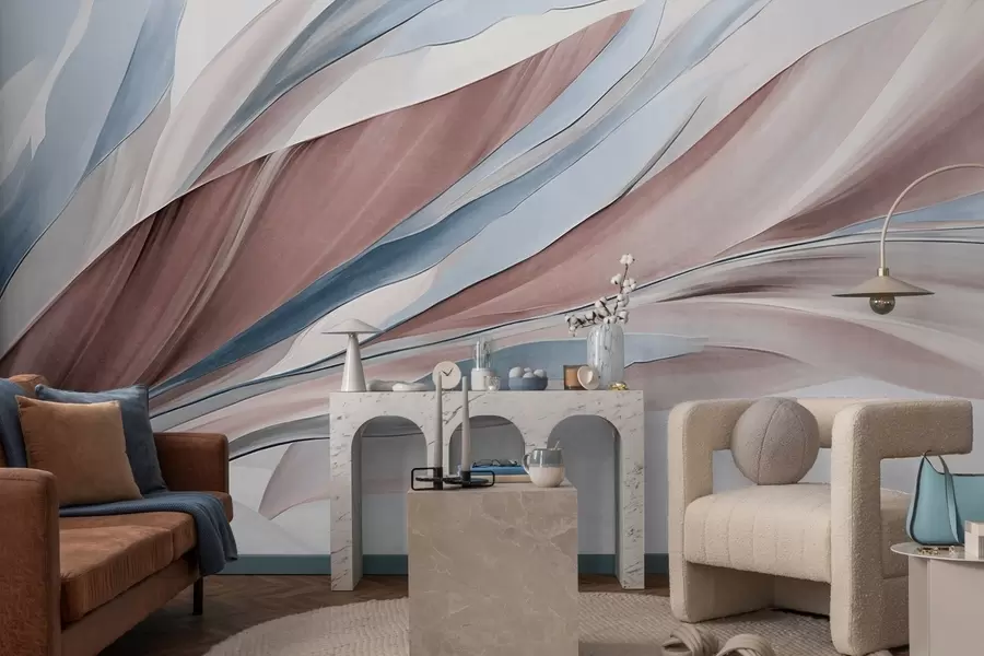 fototapeter Abstrakte bølger i blått og brunt, med tynne former og linjer, mot en hvit bakgrunn, strukturert kunst w09585v1