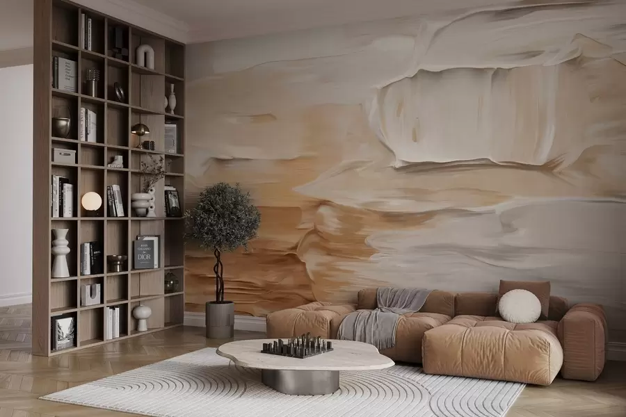 fototapeter Abstrakt teksturert penselstrøk-imitasjon i varme jordfarger som beige, krem og brun, moderne kunst w09588