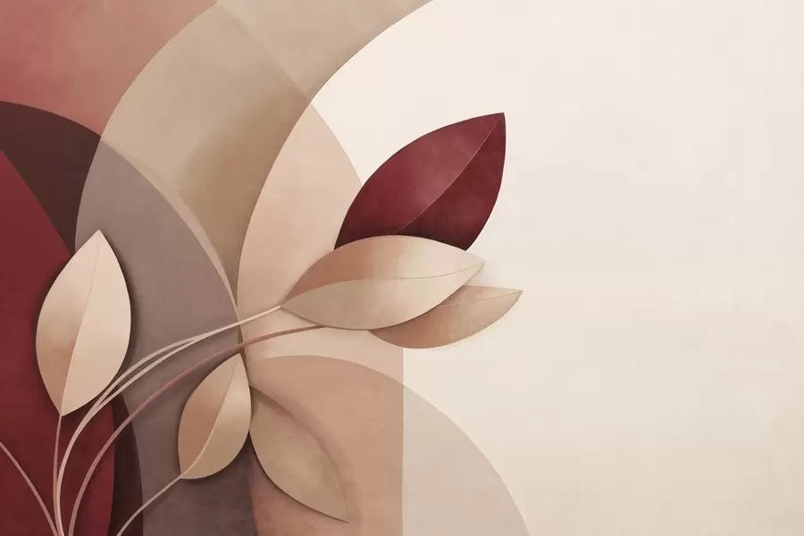 fototapeter Abstrakt teksturert gren med blader i nyanser av brunt, beige og rødt, mot en bakgrunn av abstrakte former w09618